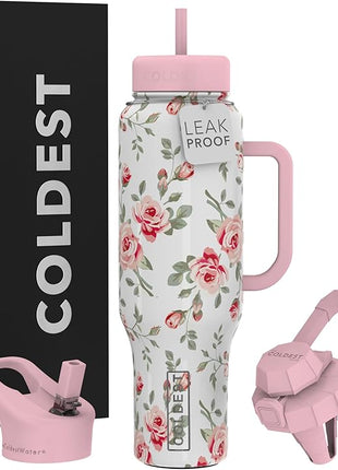 Coldest Tumbler with Handle and Straw - 100% Leak Proof Insulated Tumbler with Lid and Straw (3 Lids) - Stainless Steel Tumblers for Women & Men - Cup Holder Friendly Base, 46 oz (Pink Petals)