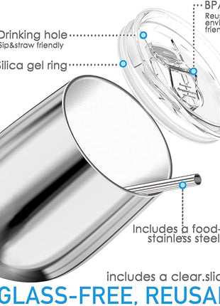 THILY Vacuum Insulated Stemless Wine Tumbler 4 Pack Stainless Steel Wine Glass with Lid and Straw, Keep Cold or Hot for Coffee, Cocktails, Christmas Birthday Gift, Mirror Silver