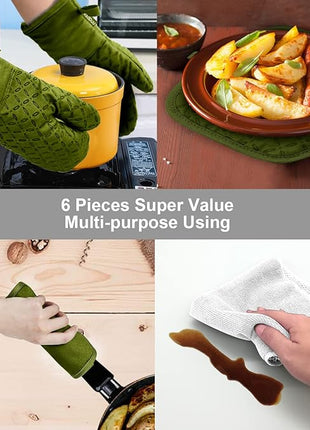 KEGOUU Oven Mitts and Pot Holders 6pcs Set, Kitchen Oven Glove High Heat Resistant 500 Degree Extra Long Oven Mitts and Potholder with Non-Slip Silicone Surface for Cooking (Olive Drab)
