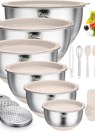 Wildone Mixing Bowls with Airtight Lids, 22 PCS Stainless Steel Nesting Bowls, with 3 Grater Attachments, Scale Marks & Non-Slip Bottom, Size 5, 4, 3, 2,1.5, 0.63QT, Ideal for Mixing & Prepping