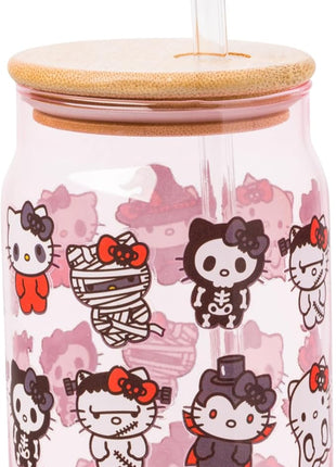 Silver Buffalo Sanrio Hello Kitty and Friends Halloween Spooky Costumes Ghost Witch Vampire Zombie Frankenstein Skeleton Pink Glass Jar Tumbler with Bamboo Lid and Glass Straw, 16 Ounces (Pack of 12)