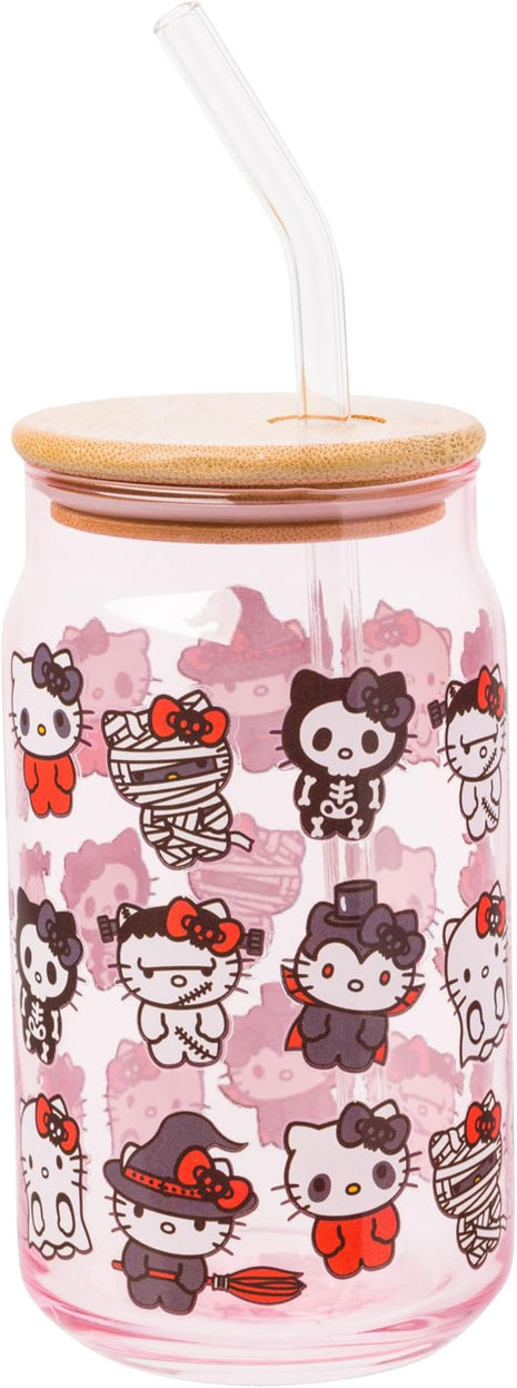 Silver Buffalo Sanrio Hello Kitty and Friends Halloween Spooky Costumes Ghost Witch Vampire Zombie Frankenstein Skeleton Pink Glass Jar Tumbler with Bamboo Lid and Glass Straw, 16 Ounces (Pack of 12)