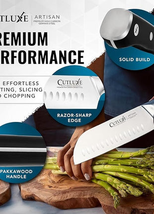 Cutluxe Santoku Knife – 7" Chopping Knife, Vegetable Knife – Forged High Carbon German Steel – Sheath Included – Full Tang & Razor Sharp – Ergonomic Handle Design – Artisan Series