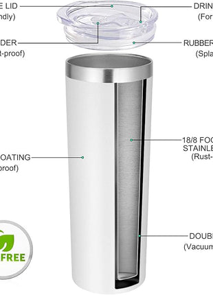 VEGOND Stainless Steel Tumblers Bulk 6 Pack, 20 oz Vacuum Insulated Skinny Tumblers with Lid and Straw, Double Wall Coffee Mug, Travel Water Cup, White