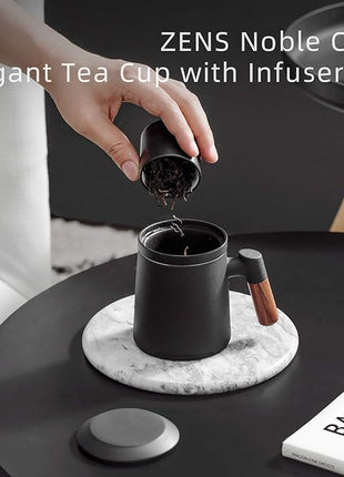 ZENS Tea Cup with Infuser and Lid for Loose Leaf Tea Steeper, 12oz Black Ceramic Tea Mug with Wood Handle for Tea Lovers Gifts