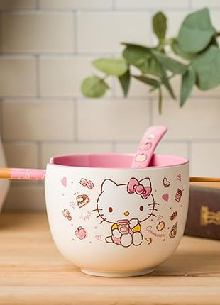 Silver Buffalo Sanrio Hello Kitty Apples and Cinnamon Ceramic Ramen Noodle Rice Bowl with Chopsticks and Spoon, Microwave Safe, 20 Ounces