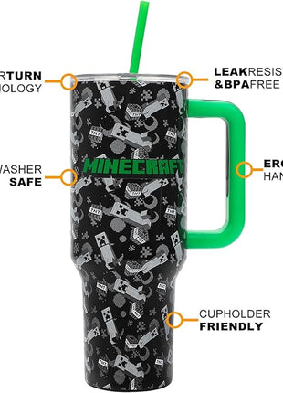 Bioworld Minecraft Creeper & TNT 40 Oz Black Stainless Steel Tumbler With Handle