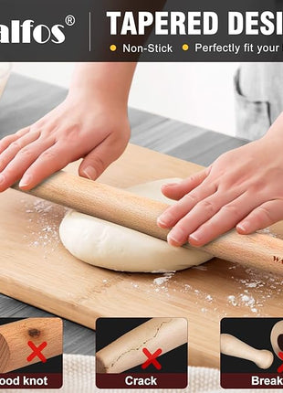 WALFOS French Rolling Pin for Baking, 17 Inch Natural Beech Wood Rolling Pins, Kitchen Dough Roller for Fondant, Pizza, Pie, Cookie and Pastry