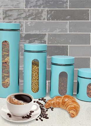 Kitchen Canisters Set For Countertop By Home Basics | Retro-Styled Canisters For Kitchen Counter | Stainless Steel and Glass, See-Through Windows (Turquoise), 4 Pieces