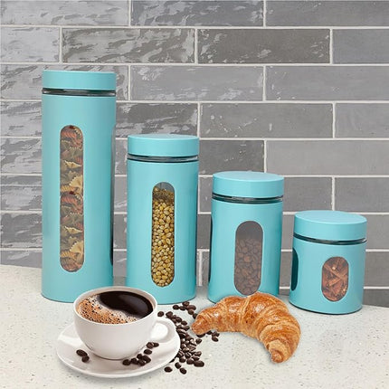Kitchen Canisters Set For Countertop By Home Basics | Retro-Styled Canisters For Kitchen Counter | Stainless Steel and Glass, See-Through Windows (Turquoise), 4 Pieces