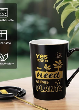 Crazy Gardening Gifts for Women Men - Plant Lover Gift Coffee Mug, Garden Gifts for Gardeners, Plant Lady, Mom, Dad, Son, 14oz Black Ceramic Mug with Gold Print, Lid, Spoon Card, Luxury Gift Boxed