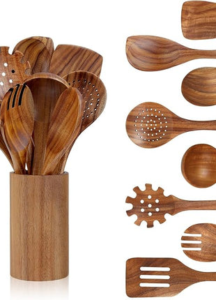comfoyar Teak Wooden Spoons for Cooking, 9 Pieces Kitchen Cooking Utenails Set with Holder and Ladle, Heat Resistant Kitchen Cookware for Nonstick Pan