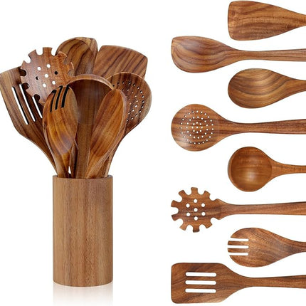 comfoyar Teak Wooden Spoons for Cooking, 9 Pieces Kitchen Cooking Utenails Set with Holder and Ladle, Heat Resistant Kitchen Cookware for Nonstick Pan