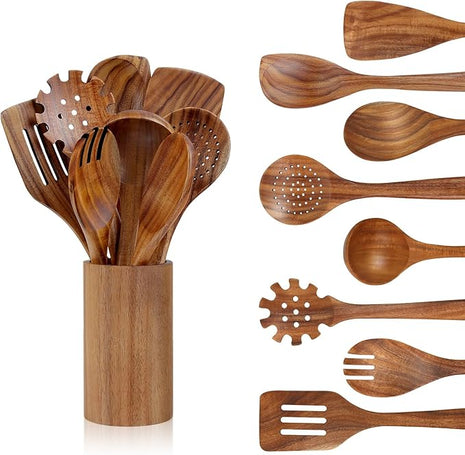 comfoyar Teak Wooden Spoons for Cooking, 9 Pieces Kitchen Cooking Utenails Set with Holder and Ladle, Heat Resistant Kitchen Cookware for Nonstick Pan