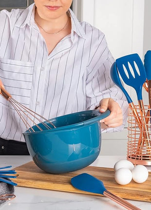 Copper and Blue Silicone Cooking Utensils Set - 17-Piece Set with Copper Utensil Holder and Measuring Cups and Spoons for Stylish Cooking and Baking - Blue Kitchen Decor, Unique Kitchen Gifts