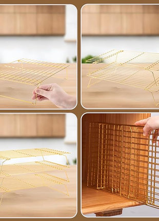 Cooling Rack for Baking 3 Tiers, 16" x 10" Cookie Cooling Wire Rack Stackable Collapsible Nonstick, Stainless Steel Baking Cooking Cooling Racks with Optimum Air Flow, Gold