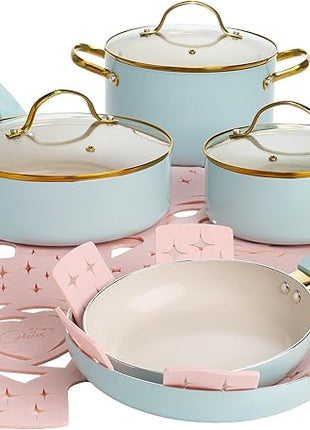 Paris Hilton Epic Nonstick Pots and Pans Set, Multi-layer Nonstick Coating, Tempered Glass Lids, Soft Touch, Stay Cool Handles, Made without PFOA, Dishwasher Safe Cookware Set, 12-Piece, Aqua