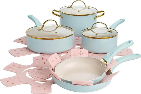 Paris Hilton Epic Nonstick Pots and Pans Set, Multi-layer Nonstick Coating, Tempered Glass Lids, Soft Touch, Stay Cool Handles, Made without PFOA, Dishwasher Safe Cookware Set, 12-Piece, Aqua