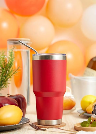 MEWAY 30oz Insulated Tumbler With Lids and Straws,Stainless Steel Double Vacuum Coffee Tumbler Cup, Brush, Durable Powder Coated Coffee Cup for Cold & Hot Drinks, Office, Travel(Coral red,8 PACK)