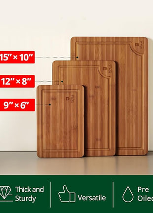 ROYAL CRAFT WOOD Wooden Cutting Boards for Kitchen Meal Prep & Serving - Bamboo Wood Serving Board Set with Deep Juice Groove Side Handles - Charcuterie & Chopping Butcher Block for Meat (3 Pcs)