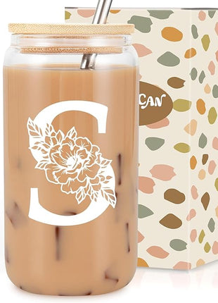 Coolife Initial Glass Cup, Monogrammed Gifts for Women, 16 oz Glass Cups w/Lids Straws, Iced Coffee Smoothie Beer Tumbler w/Straw Lid - Personalized Christmas, Birthday Gifts for Her Mom Friend Woman