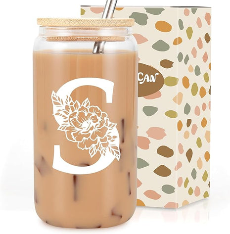 Coolife Initial Glass Cup, Monogrammed Gifts for Women, 16 oz Glass Cups w/Lids Straws, Iced Coffee Smoothie Beer Tumbler w/Straw Lid - Personalized Christmas, Birthday Gifts for Her Mom Friend Woman
