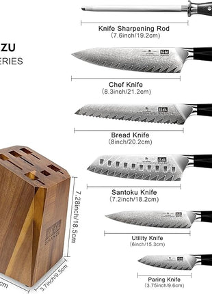 SHAN ZU Damascus Kitchen Knife Set, 7-Piece Professional Knife Sets for Chefs, Japanese 10Cr15CoMoV Super Steel With G10 Handle Knife Block Set, GYO Series