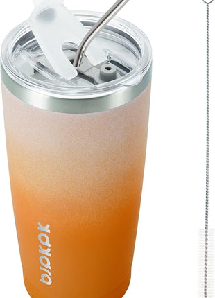 BJPKPK Tumbler with Lid and Straw, 20 oz Stainless Steel Vacuum Insulated Color Block Tumblers, Double Wall Ice Coffee Thermal Cup Travel Mug,Coral