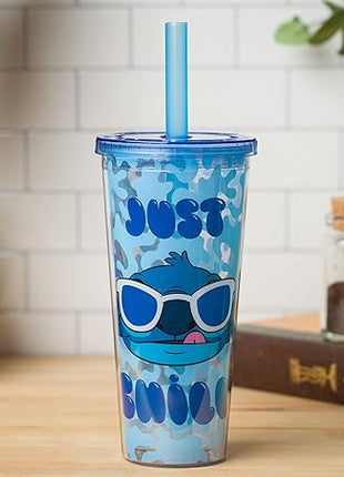 Silver Buffalo Disney Lilo and Stitch Cool Sunglasses Just Chill Plastic Boba Tumbler with Lid and Straw, 24 Ounces