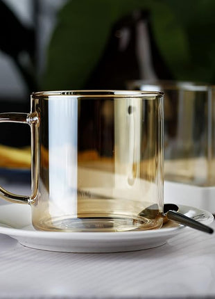 LUXU 4pcs Set Simple Glass Coffee Mugs-Hand Blown&Seamless Design,14 oz Amber Coffee Cups-Heat Resistant and Explosion-Proof,Lightweight Tea Mugs with Anti Scald Handle Ideal for Home,Cafe,Coffee Bar