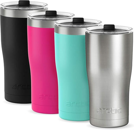 Arctic Tumblers Stainless Steel Camping & Travel 20 oz Tumbler With Lid (Splash Proof), Double Wall Vacuum Insulated, Premium Insulated Thermos - (Stainless, Turquoise, Pink, Black, 4-pack)
