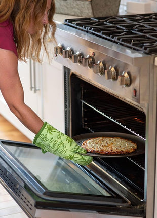 Blue Q Food Has Weed in It Funny Oven Mitts - Cute Oven Mitts, Home Kitchen Gifts, Cooking Accessories, Super-Insulated Quilting, Comfy Natural-Fitting Shape, 100% Cotton, Size 12.5" L x 7.5" W