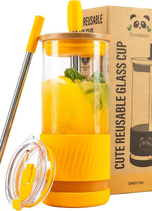 Pandaloo® Glass Cups With Lids and Straws -20 Fl Oz- Perfect Size Iced Coffee Cup - Smoothie Cup With Bamboo Lid and On the go Lid - Glass Tumbler With Straw (1 Count (Pack of 1), Maracuja Dream)
