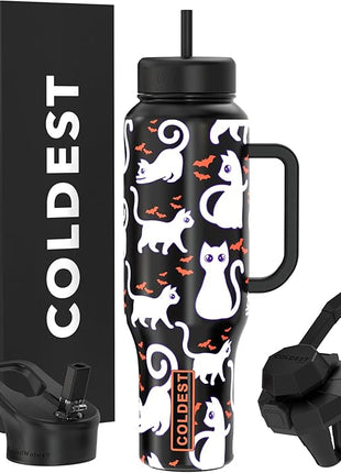 Coldest Tumbler with Handle and Straw, 100% Leak Proof Insulated Tumbler with Lid and Straw (3 Lids), Stainless Steel Tumblers for Women & Men, Cup Holder Friendly Base, 46 oz (Bats and Cats)