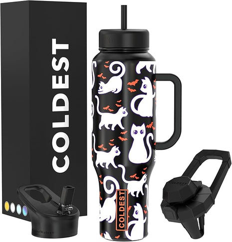 Coldest Tumbler with Handle and Straw, 100% Leak Proof Insulated Tumbler with Lid and Straw (3 Lids), Stainless Steel Tumblers for Women & Men, Cup Holder Friendly Base, 46 oz (Bats and Cats)