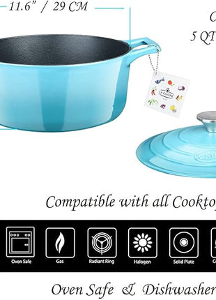 La Cuisine Enameled Cast Iron Oval Dutch Oven Casserole Pot with Lid 5 QT Internal Matte Black Enamel for bread baking, 2-ton Teal Enamel Coating Finish Exterior,Oven Safe up to 500° F