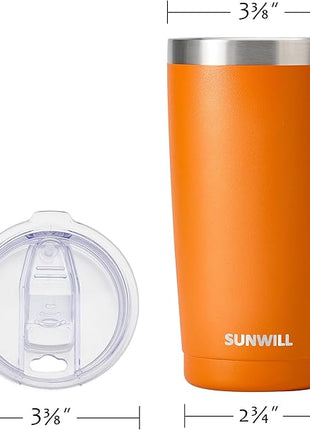 SUNWILL Travel Coffee Tumbler 20 oz, Insulated Mug with Lid, Stainless Steel Cup for Hot and Cold Drinks, Powder Coated Orange