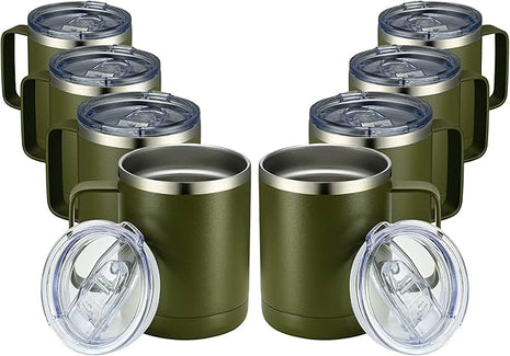 MEWAY 12oz Coffee Mug With Handle 8 Pack Bulk,Stainless Steel Insulated Travel Tumblers With Sliding Lid,Double Wall Vacuum Camping Cup for Hot & Cold Drinks Tea (Army Green,Set of 8)