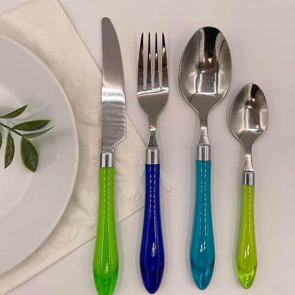 The Original Brink House Sea Blue Green Mix & Match Stainless Steel Cutlery Set with Translucent Handles / 16 pieces with Metal Stand/Lifestyle utensils set for home, apartment, dorm, outdoor events