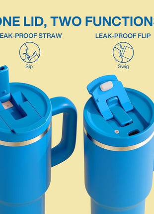 40 oz Tumbler with Handle and Straw: Stainless Steel Insulated Tumbler Keeps Cold for 24 Hours, Leakproof Travel Cup Fits in Cup Holder and BPA-Free,Celtic Blue