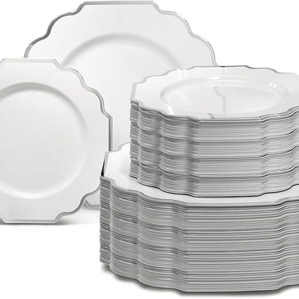 " OCCASIONS " 120 Plates Pack,(60 Guests) Heavyweight Wedding Party Disposable Plastic Plates Set -60 x 10.5'' Dinner + 60 x 8'' Salad/Dessert Plate (Imperial in White & Silver Rim)