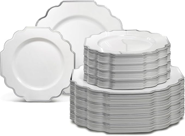 " OCCASIONS " 120 Plates Pack,(60 Guests) Heavyweight Wedding Party Disposable Plastic Plates Set -60 x 10.5'' Dinner + 60 x 8'' Salad/Dessert Plate (Imperial in White & Silver Rim)