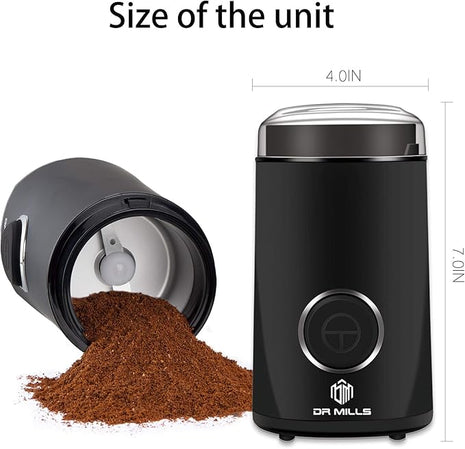 DR MILLS DM-7441 Coffee Grinder Electric, Coffee Bean and Dried Spice Grinder, One Touch Operation, Blade and Cup Made with SUS304 Stainless Steel (Black)
