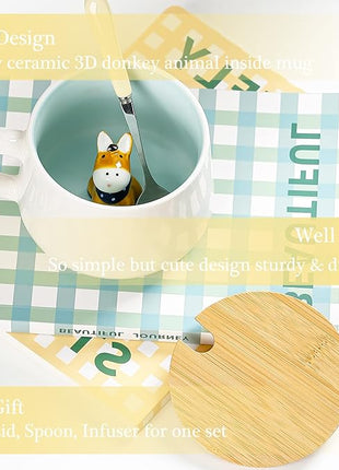 BigNoseDeer Cute Ceramic Donkey Coffee Mug Funny Mug with 3D Animal Inside Kawaii Tea Cup with Spoon and Lid Cool Stuff Christmas Gifts Birthday Mother's Day Cute Gifts for Women Kids 12oz（Donkey）