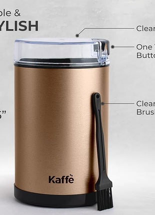 Kaffe One-Touch Coffee Grinder Electric w/Cleaning Brush (3 oz) - Stainless Steel - Coffee Grinders for Home Use - Up to 12 Cups of Coffee per Grind - Easy On/Off Coffee Bean Grinder - Copper