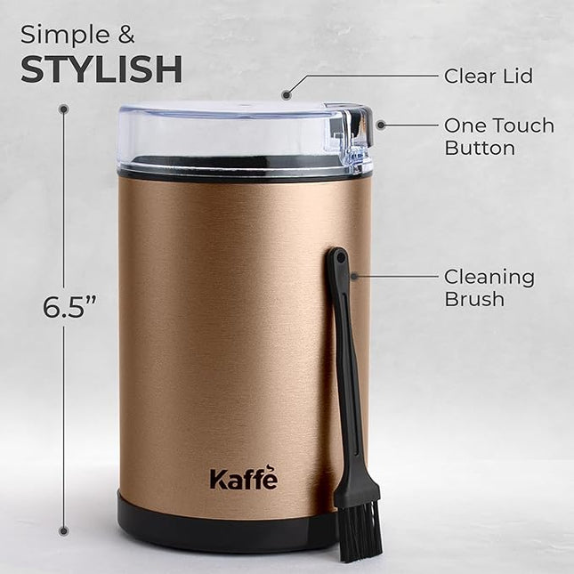 Kaffe One-Touch Coffee Grinder Electric w/Cleaning Brush (3 oz) - Stainless Steel - Coffee Grinders for Home Use - Up to 12 Cups of Coffee per Grind - Easy On/Off Coffee Bean Grinder - Copper