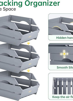 HABAU Wood Potato Onion Storage Bins - Wooden Stackable Produce Basket - Fruit Vegetable Storage for Kitchen Pantry Organization, Set 3 Pieces