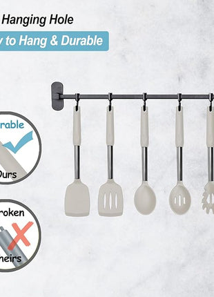 Silicone Spatula and Cooking Spoon,5 Pack Non-Stick Cooking Utensils for Kitchen，Heat Resistant Solid & Slotted Spoons and Spatulas, Stainless Steel Handle Coated with Silicone, Khaki