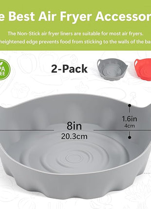 Li&Zhao Silicone Air Fryer Liners Reusable - 2 PCS Round Air Fryer Inserts Accessories 4 to 7 Qt Silicone Liners for Basket(Red & Gray)