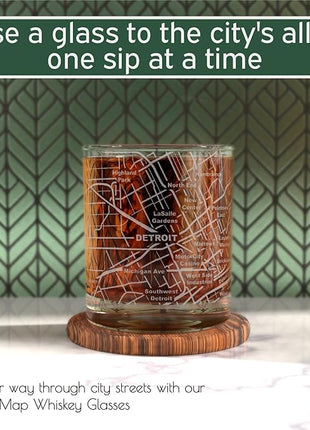 Greenline Goods Whiskey Glasses - 10 Oz Tumbler Set for Detroit, Michigan lovers, Etched with Detroit Map Old Fashioned Rocks Glass - Set of 2
